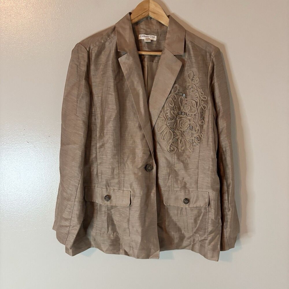 Coldwater Creek Shaped Linen Blend Blazer Embroidered Beige Jacket Sz 16